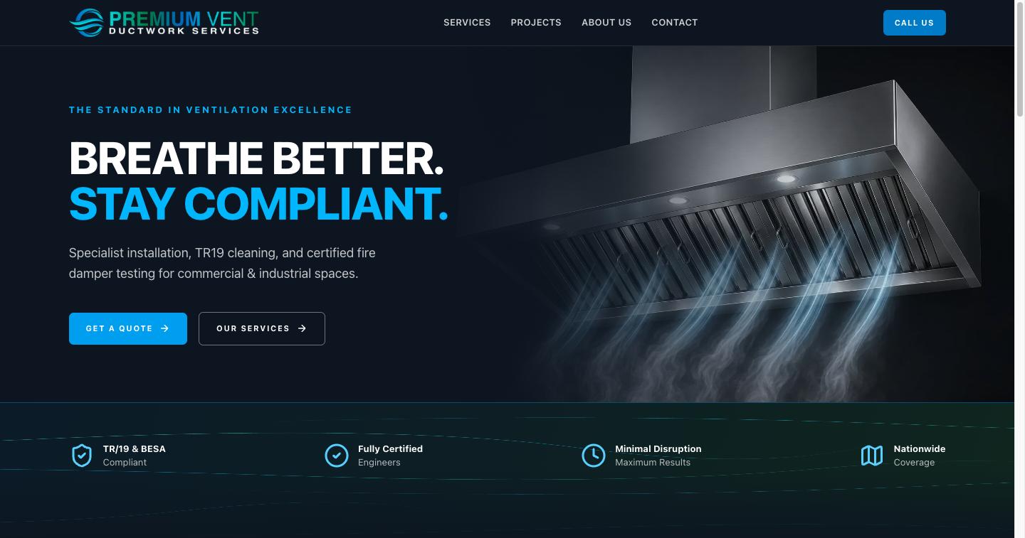 Premium Vent website homepage built by HardHat